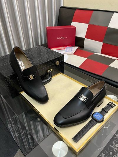 Ferragamo Black calfskin Leather Shoes-Ferragamo Man Business Leather Shoes